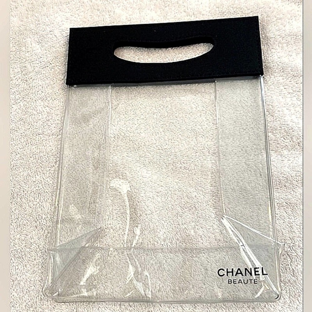 Chanel Clear Vinyl Tote Beaute Bag Black Top Handles Stadium See-through 10x7 In